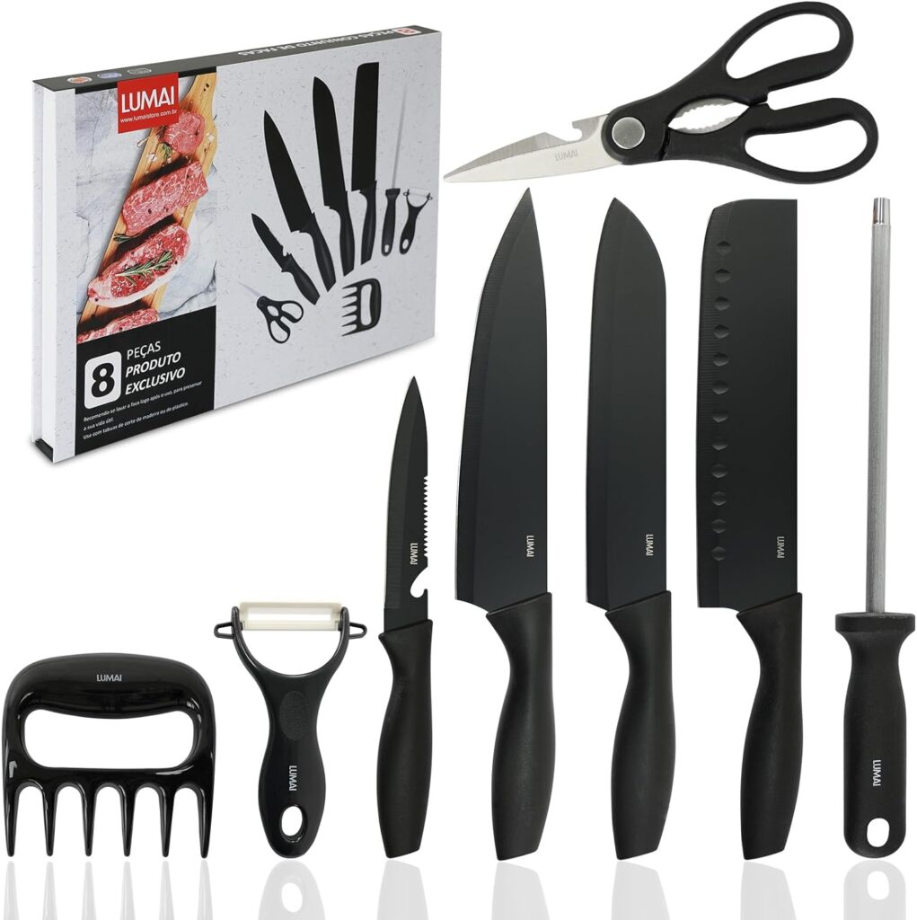 15 Ideias de Presentes para o Dia dos Namorados 2024 4 Conjunto de Facas 8 acessórios para Churrasco Cozinha de Aço Inox LUMAI Kit Completo do Chef com Facas Amolador Garra de Carne (Preto)